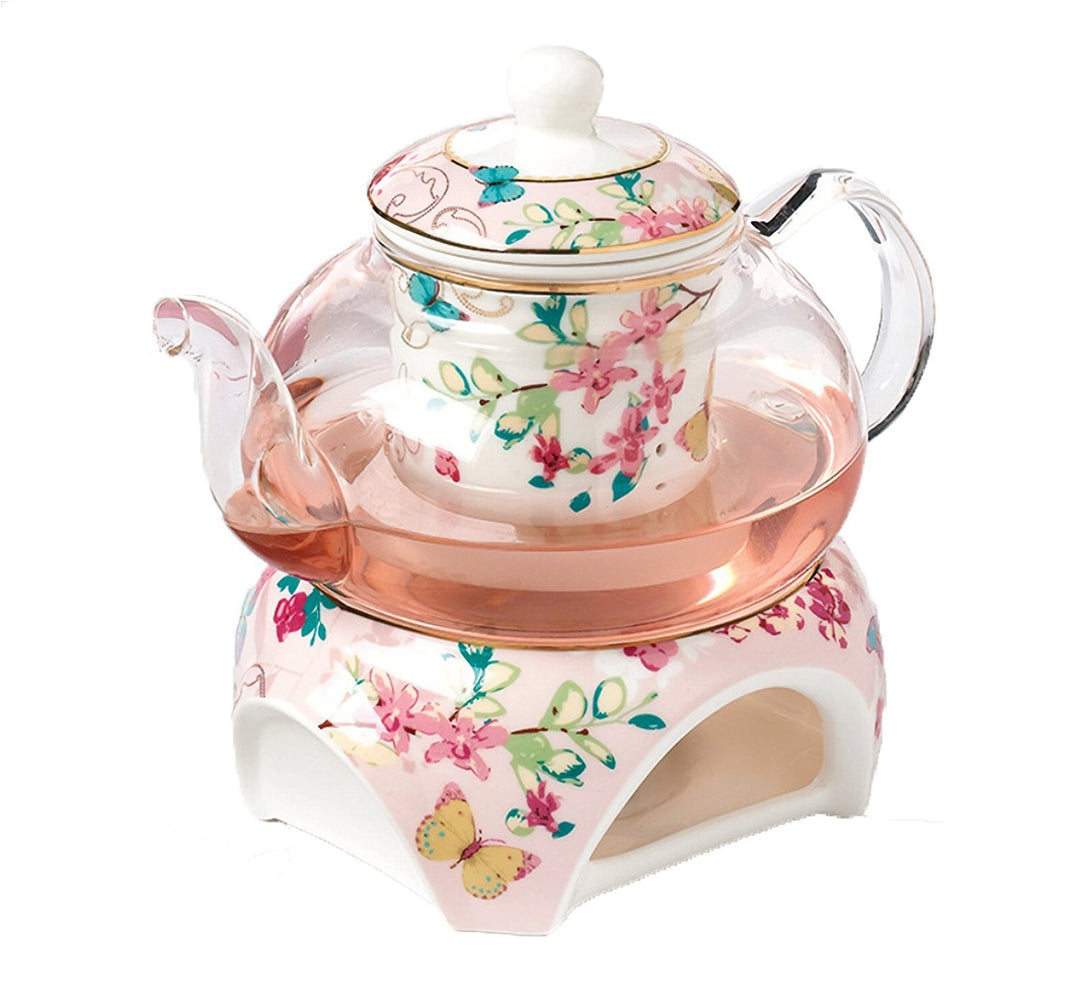 YBK Tech Teekanne mit Stövchen und Teesieb aus feinem Porzellan und Glas (Rosa (Schmetterlingenmuste