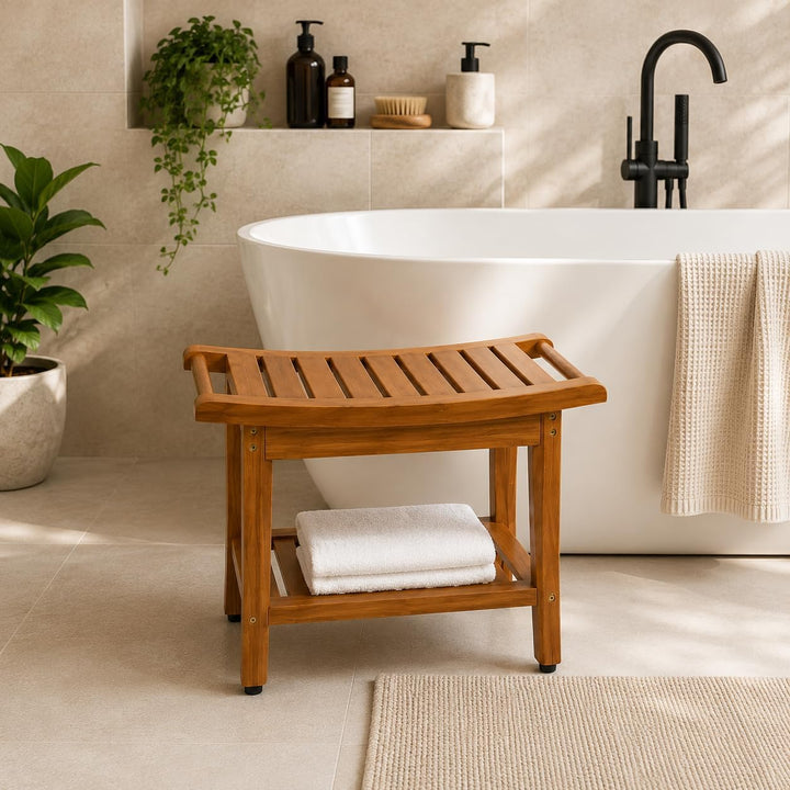 Divero Badhocker TICAO aus Teakholz, behandelt, mit Handtuchhalter und extra Ablagefläche – Farbe: B