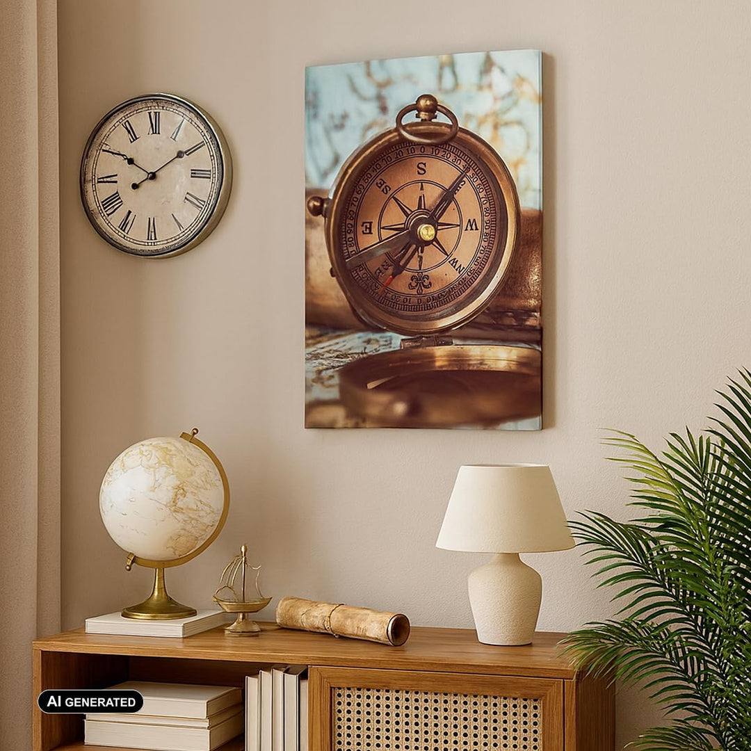 Bilder auf Leinwand Kompass Teleskop Abenteuer antik Leinwandbild mit Rahmen 45x80cm Wandbilder Deko