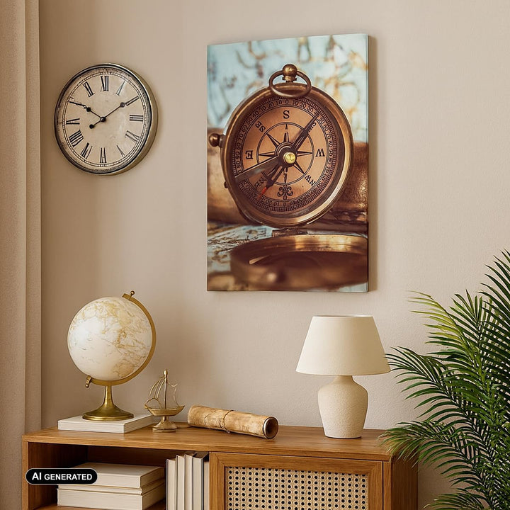 Bilder auf Leinwand Kompass Teleskop Abenteuer antik Leinwandbild mit Rahmen 45x80cm Wandbilder Deko