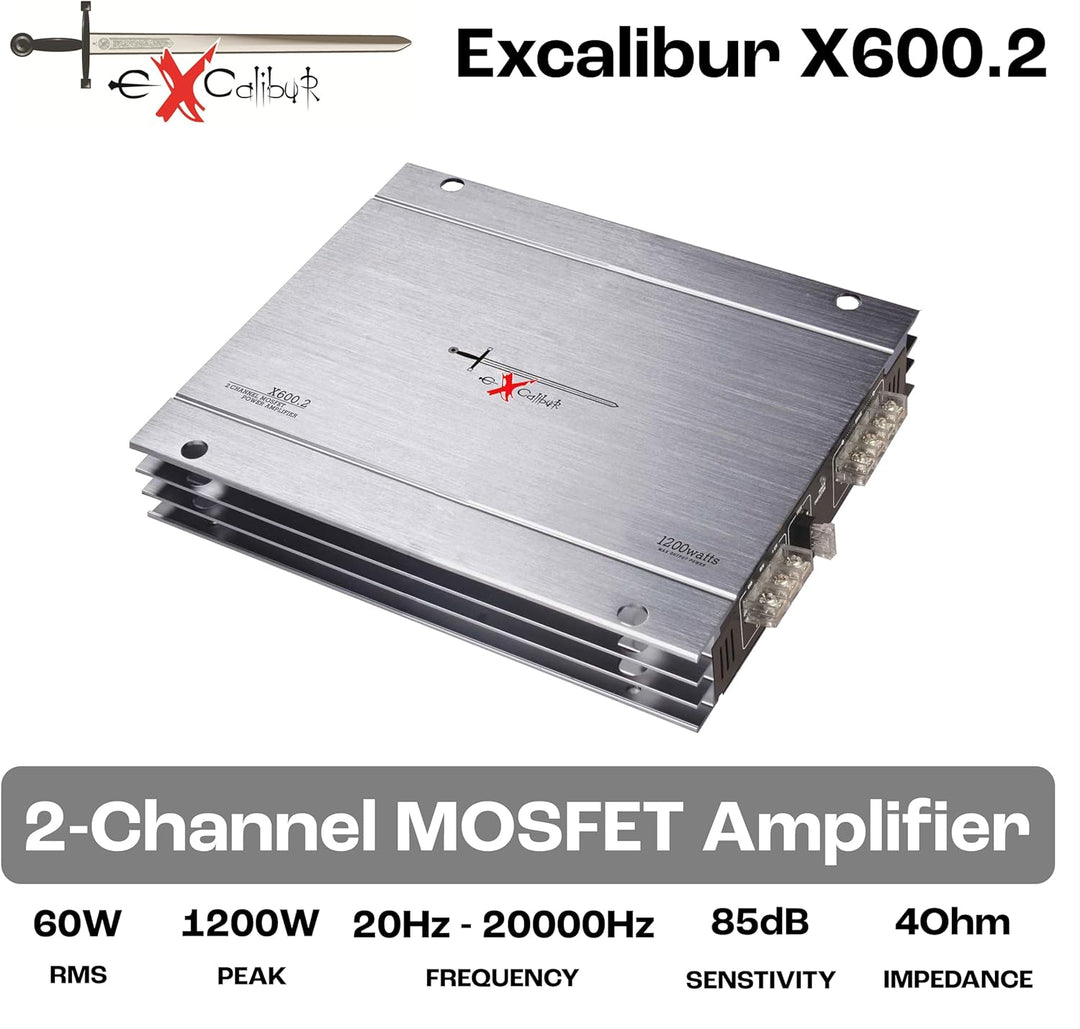 Excalibur X600.2 - Auto Verstärker 2 Kanal - 2X 600 Watt Mosfet HiFi KFZ Endstufe mit Bass-Boost - 1