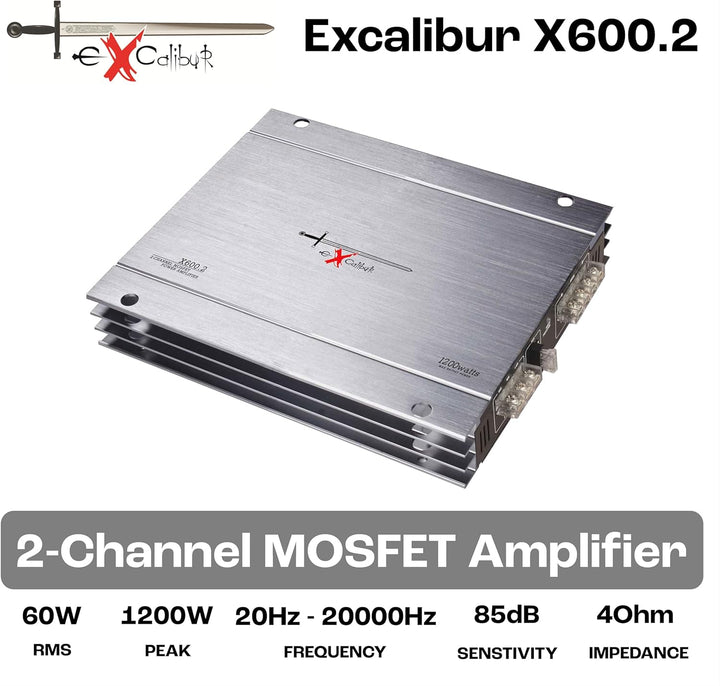 Excalibur X600.2 - Auto Verstärker 2 Kanal - 2X 600 Watt Mosfet HiFi KFZ Endstufe mit Bass-Boost - 1