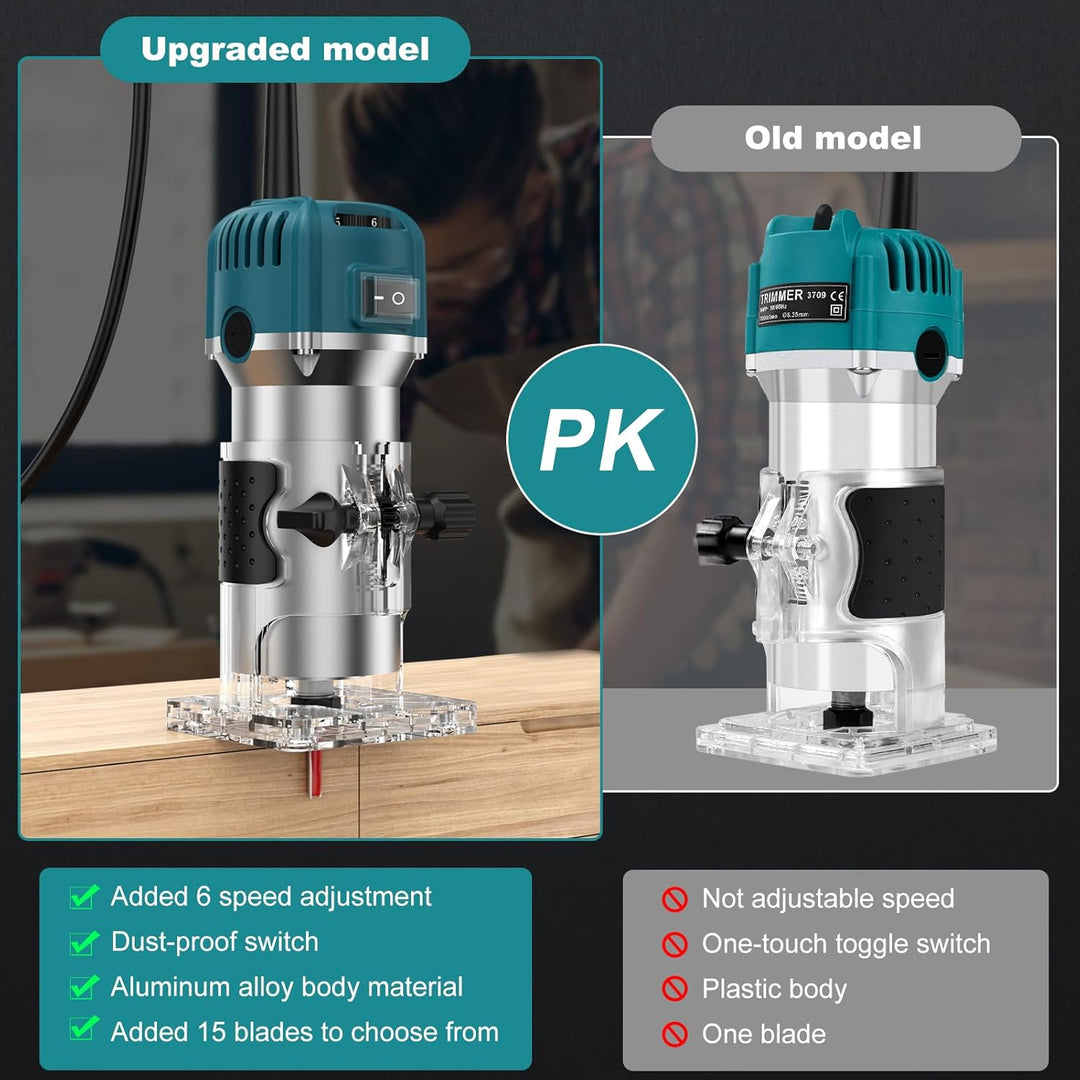 Holzfräse Oberfräse Professionell, 800W 30000 U/min Elektrischer Oberfräse Trimmer mit 15 Stück Fräs