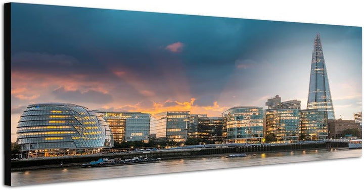 Paul Sinus Art Panoramabild auf Leinwand und Keilrahmen 150x50cm London Skyline Wasser Abenddämmerun
