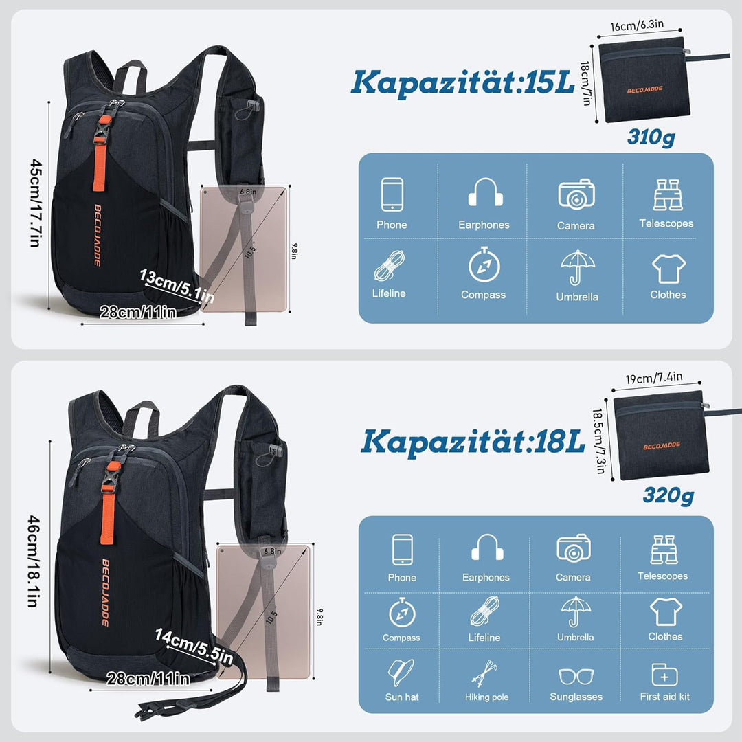 15L Wanderrucksack Herren Kleiner Rucksack Damen Leichter Daypack Tagesrucksack Faltbarer Trekkingru
