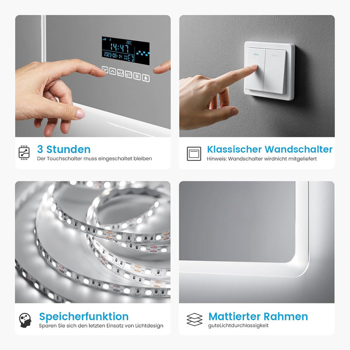 Heilmetz Badspiegel mit Beleuchtung 80x60cm Badezimmerspiegel mit Beleuchtung LED Badspiegel IP44 En