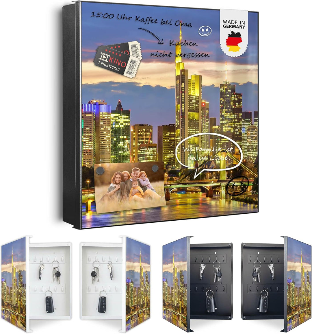 banjado® Grosser Schlüsselkasten Glas/Schlüsselbox 30cm x 30cm mit 50 Haken - Motiv Frankfurt Main/S