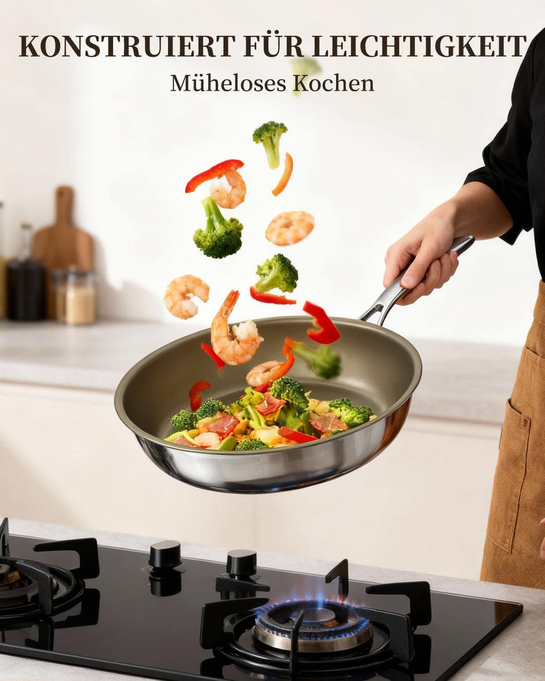 Edelstahlpfanne 28cm, Pfanne Beschichtet Antihaft, Bratpfanne induktion, PFOA &amp; PTFE-Frei, Für Alle