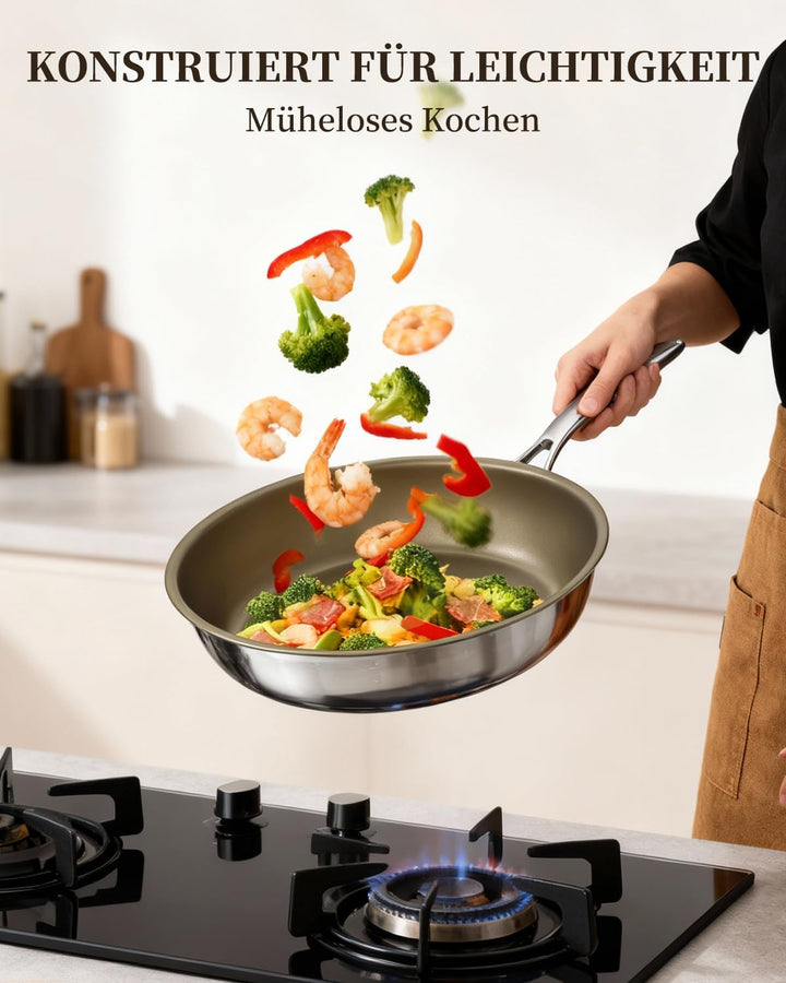 Edelstahlpfanne 28cm, Pfanne Beschichtet Antihaft, Bratpfanne induktion, PFOA &amp; PTFE-Frei, Für Alle