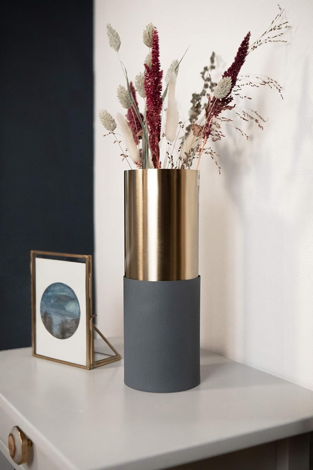 LaLe Living Vase ELYA in Rauchblau &amp; Gold H28 cm x Ø10 cm, grosse Blumenvase aus Eisen zwiefarbig