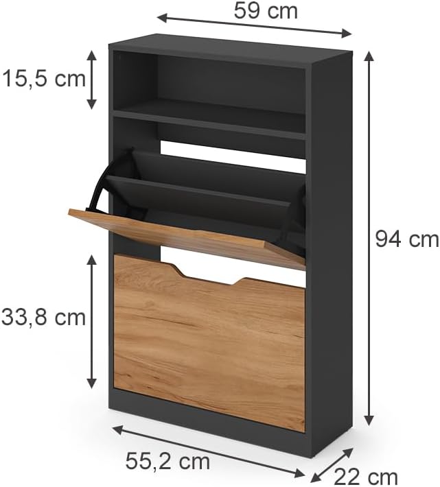 Vicco Schuhkipper Luca, Anthrazit/Goldkraft Eiche, 59 x 94 cm mit 2 Kippfächern Anthrazit/Goldkraft