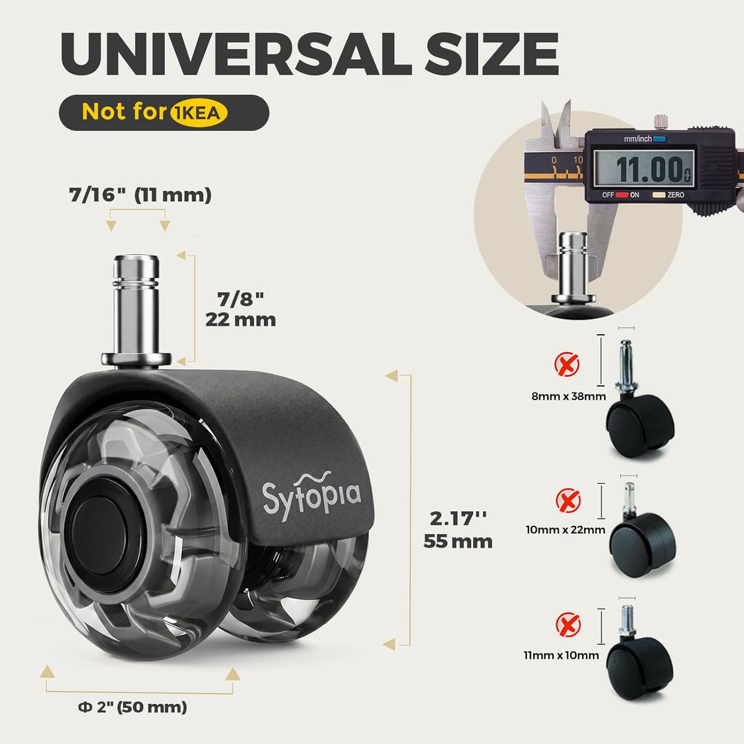 Sytopia Universal Bürostuhlrollen, 5er Set Bürostuhl Rollen 11x22MM, Perfekte Leise Gummirollen für