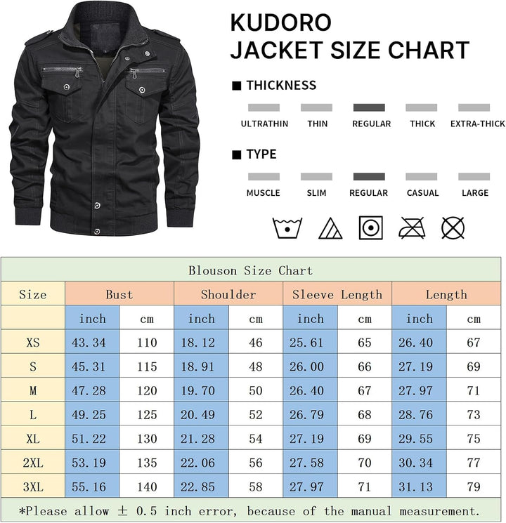 KUDORO Herren Übergangsjacke Militär Jacke Leicht Winterjacke Herbstjacke Stehkragen Fliegerjacke Ba
