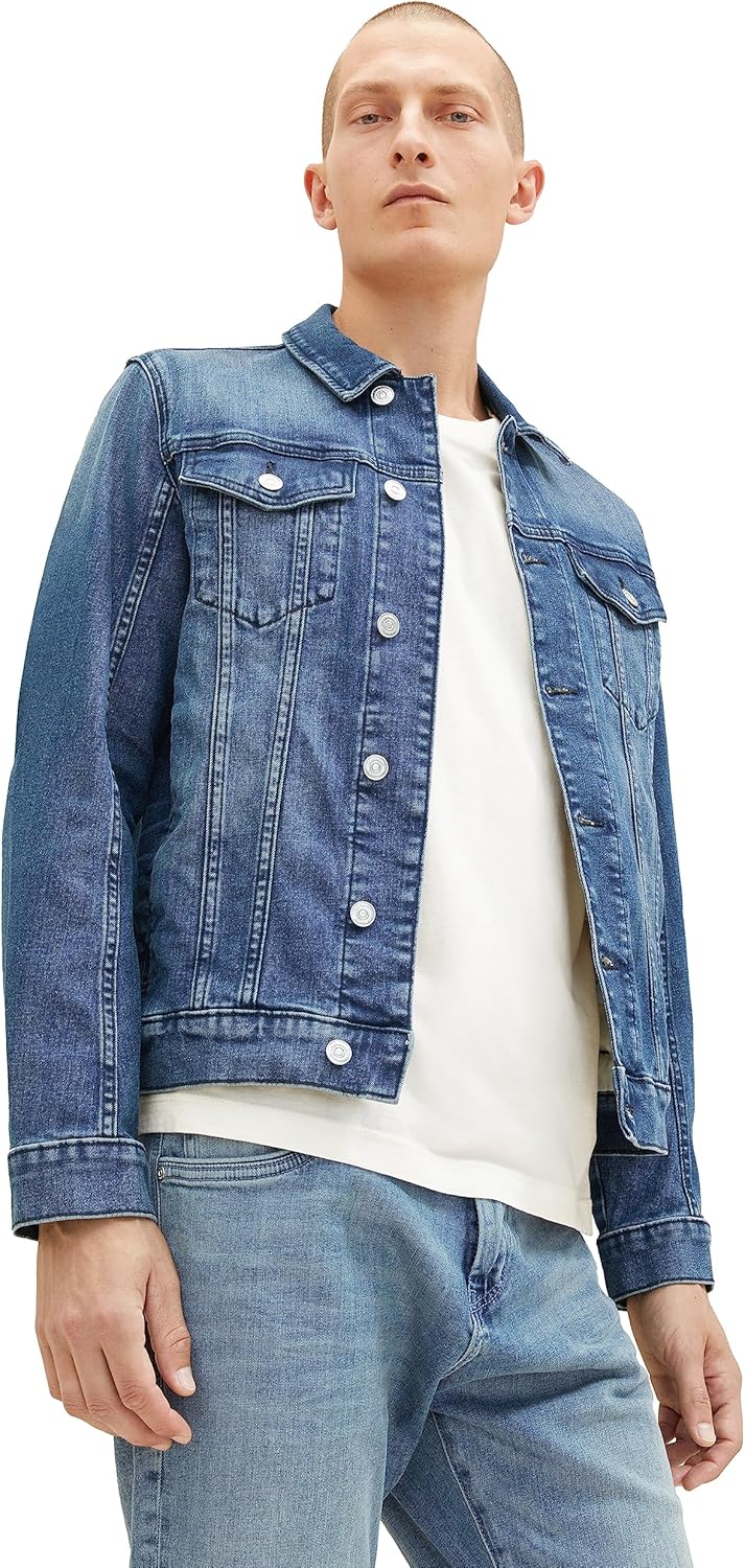 TOM TAILOR Herren Stretch Jeansjacke mit aufgesetzten Brusttaschen M 10119 - Used Mid Stone Blue Den