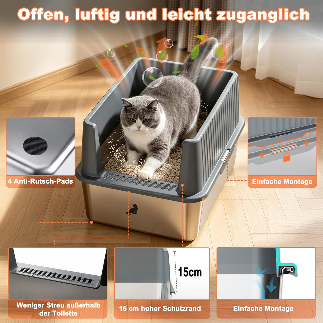 Zedelmaier Edelstahl Katzentoilette System – Katzenklo Edelstahl XXL für grosse Katzen & 2 Katzen –