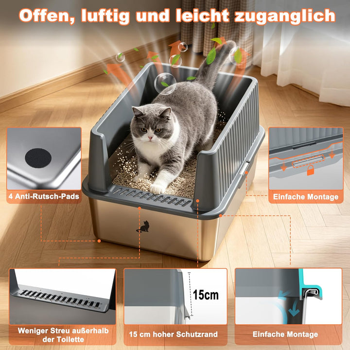 Zedelmaier Edelstahl Katzentoilette System – Katzenklo Edelstahl XXL für grosse Katzen & 2 Katzen –