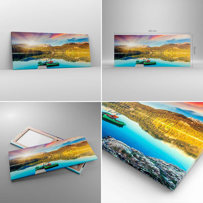 Wandbilder Dekoration Wohnzimmer See Berge Wasser Panorama Bilder auf Leinwand 120x50cm Leinwandbild