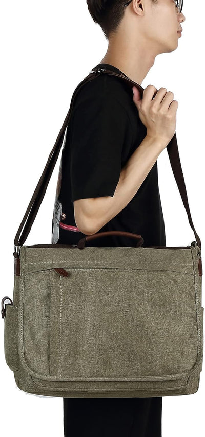 CALIYO Umhängetaschen Herren aus Canvas Schultasche Queformat A4 Laptoptasche für 15,6 Zoll Laptop A