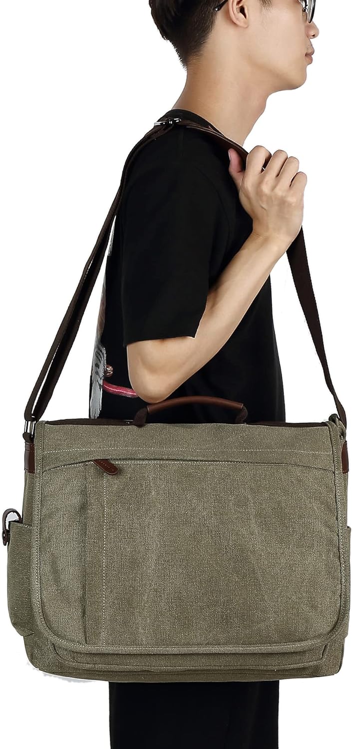 CALIYO Umhängetaschen Herren aus Canvas Schultasche Queformat A4 Laptoptasche für 15,6 Zoll Laptop A