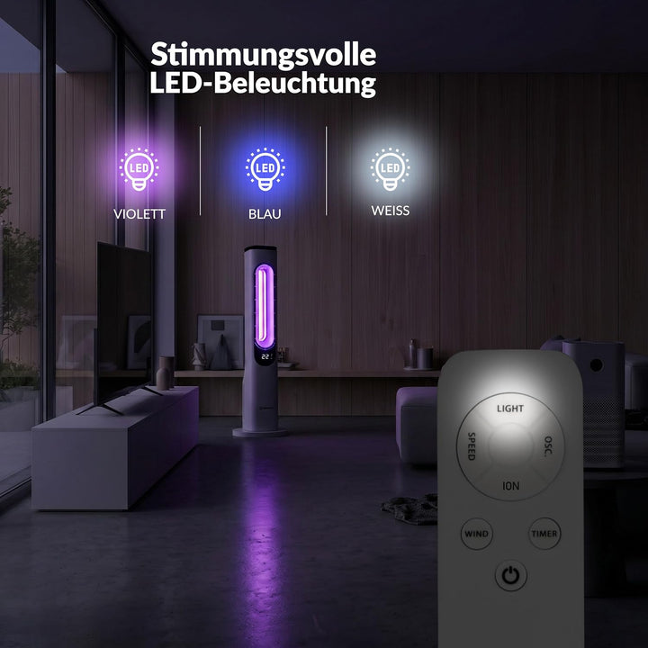 LEHMANN Turmventilator mit Fernbedienung & LED-Display, leiser Ventilator mit Schlafmodus, 15 h Time