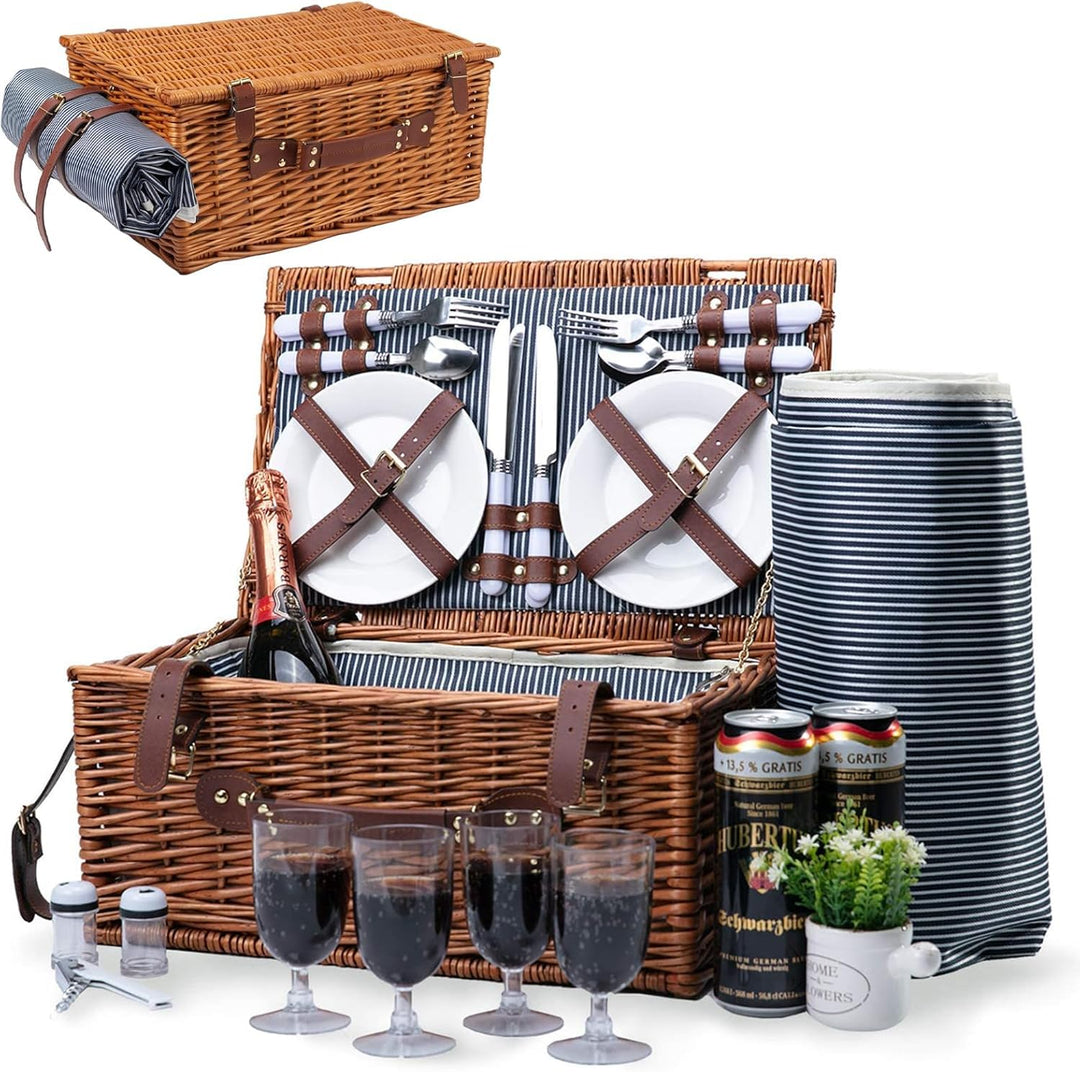 Picknickkorb-Set für 4 Personen, Weidenkorb Picknickkorb mit Isoliertem Kühlfach, Wasserdichter Deck