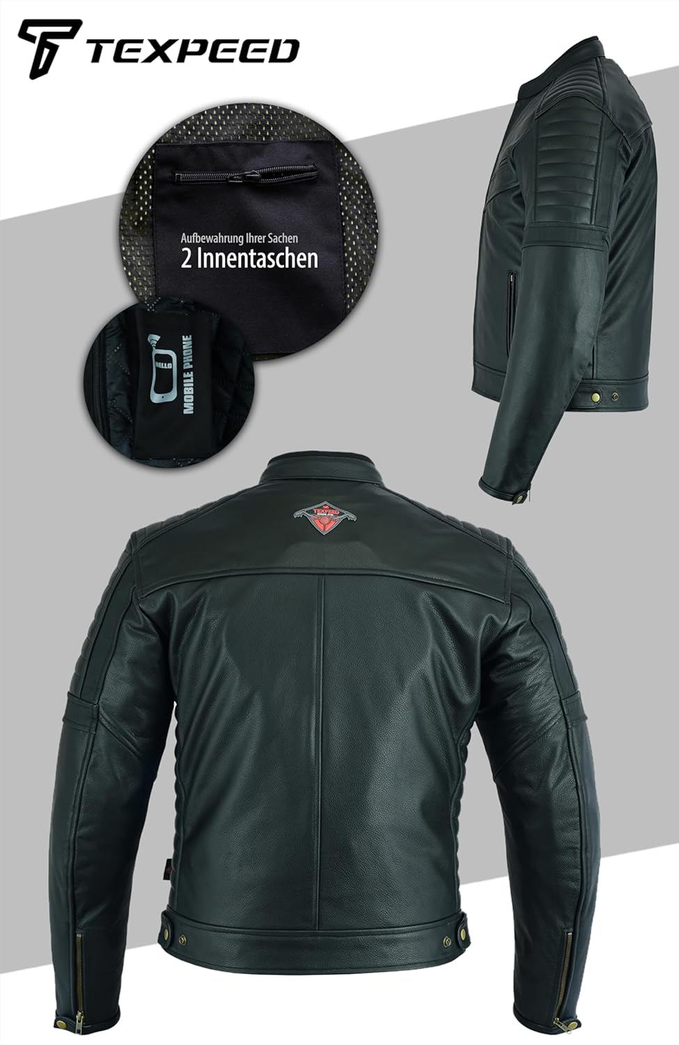 Texpeed Motorrad lederjacke herren mit protektoren - Schwarz Bikerjacke - Motorrad mit original bike