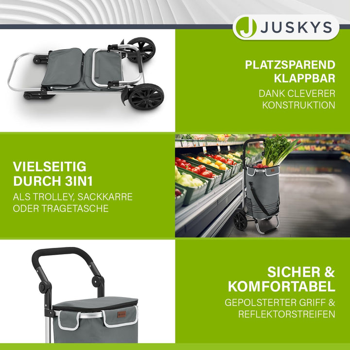 Juskys Einkaufstrolley 3in1 mit 2 Rollen für Shopping - 56 L Tasche abnehmbar - Trolley klappbar & m