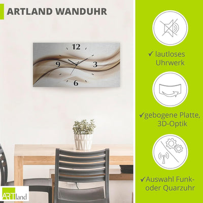 ARTLAND Wanduhr ohne Tickgeräusche Alu Quarzuhr 50x25 cm Eckig Lautlos 3D Design Welle Abstrakt Mode