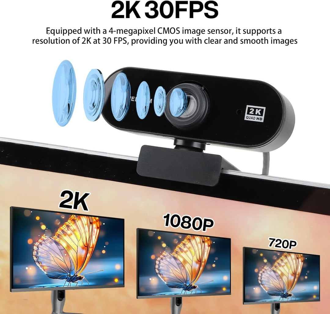 Webcam 2K 30FPS, Full HD Kamera USB PC Micro Winkel Verstellbar 80°Sichtfeld Plug and Play für Compu