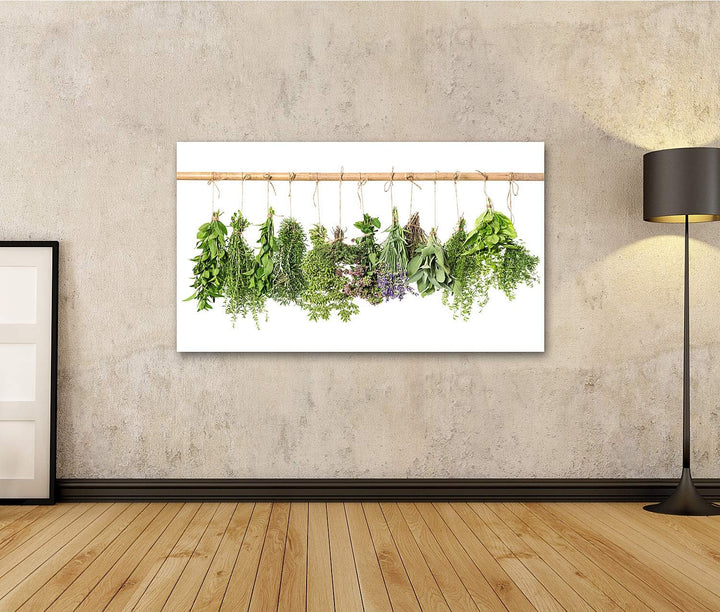 islandburner Bild auf Leinwand Frische Kräuter Hängen Vor Weissem Hintergrund Thymian Minze Basiliku
