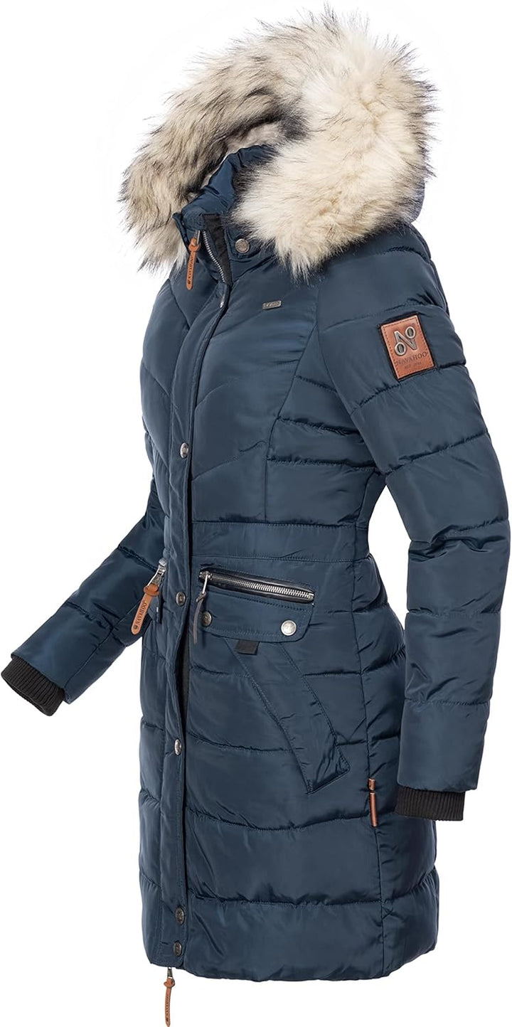 Navahoo Damen Wintermantel Warmer Steppmantel lang mit Abnehmbarer Kunstfell-Kapuze Paula XS-5XL XS
