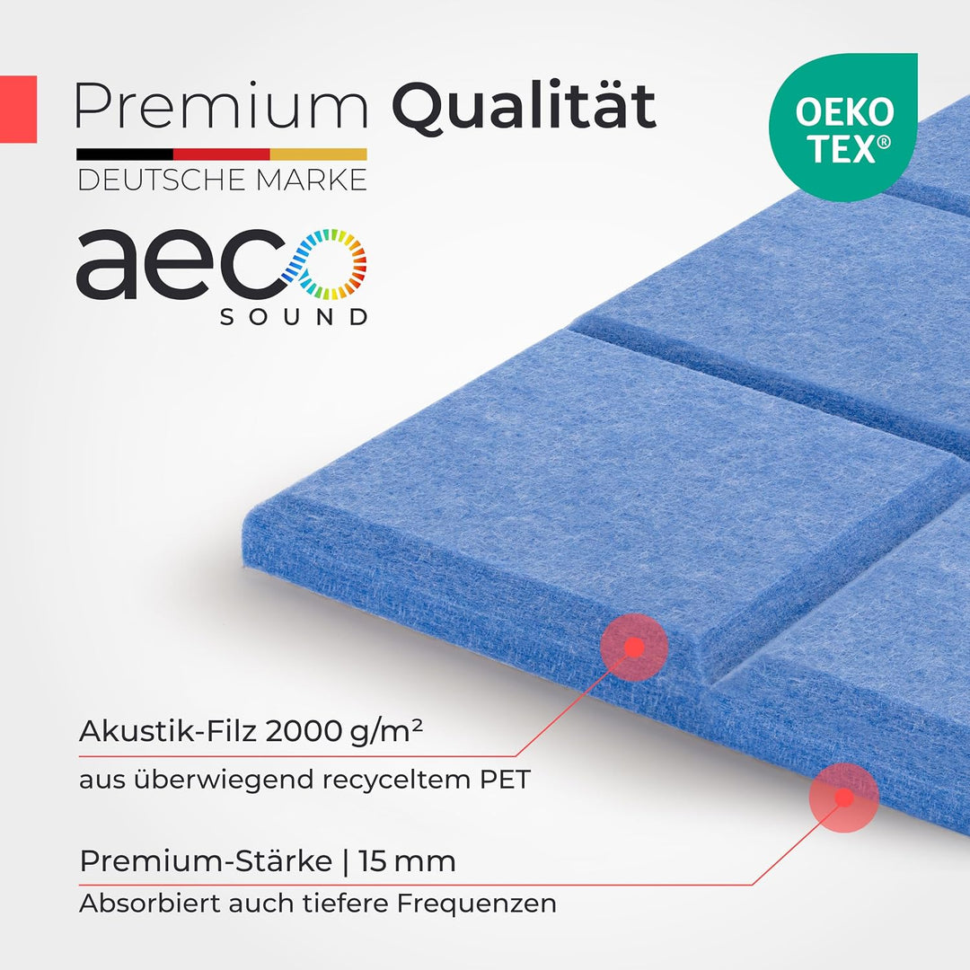 Akustikpaneele selbstklebend – 9er-Set | 30x30cm | Akustikfilz Himmelblau, extra dick 15mm – 3D Wand