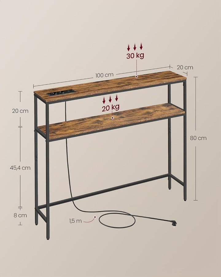 VASAGLE 2er Set Schmale Konsolentische, mit Steckdose, 100 cm 100B cm 2er Set, 100B cm 2er Set