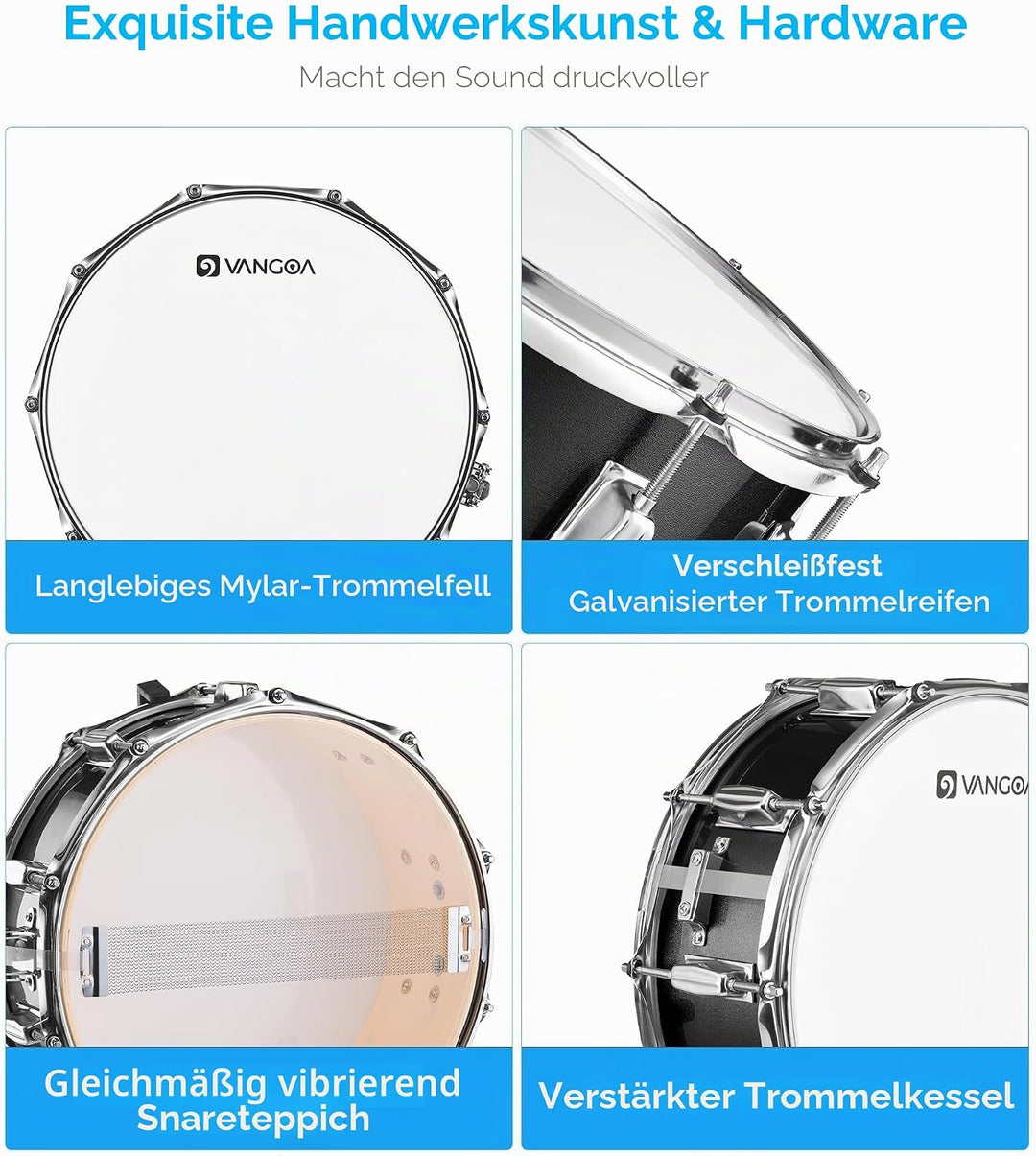 Vangoa Snare Drum Set, Student Snare Drum Kit mit Ständer, Drum Mute Pad, 5A Drum Sticks, Drum Keys,