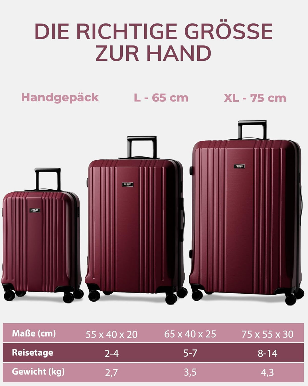FERGÉ Kofferset 3 TLG Hartschale mit TSA-Zahlenschloss Cannes Reisekoffer Trolley-Set (Handgepäck, L