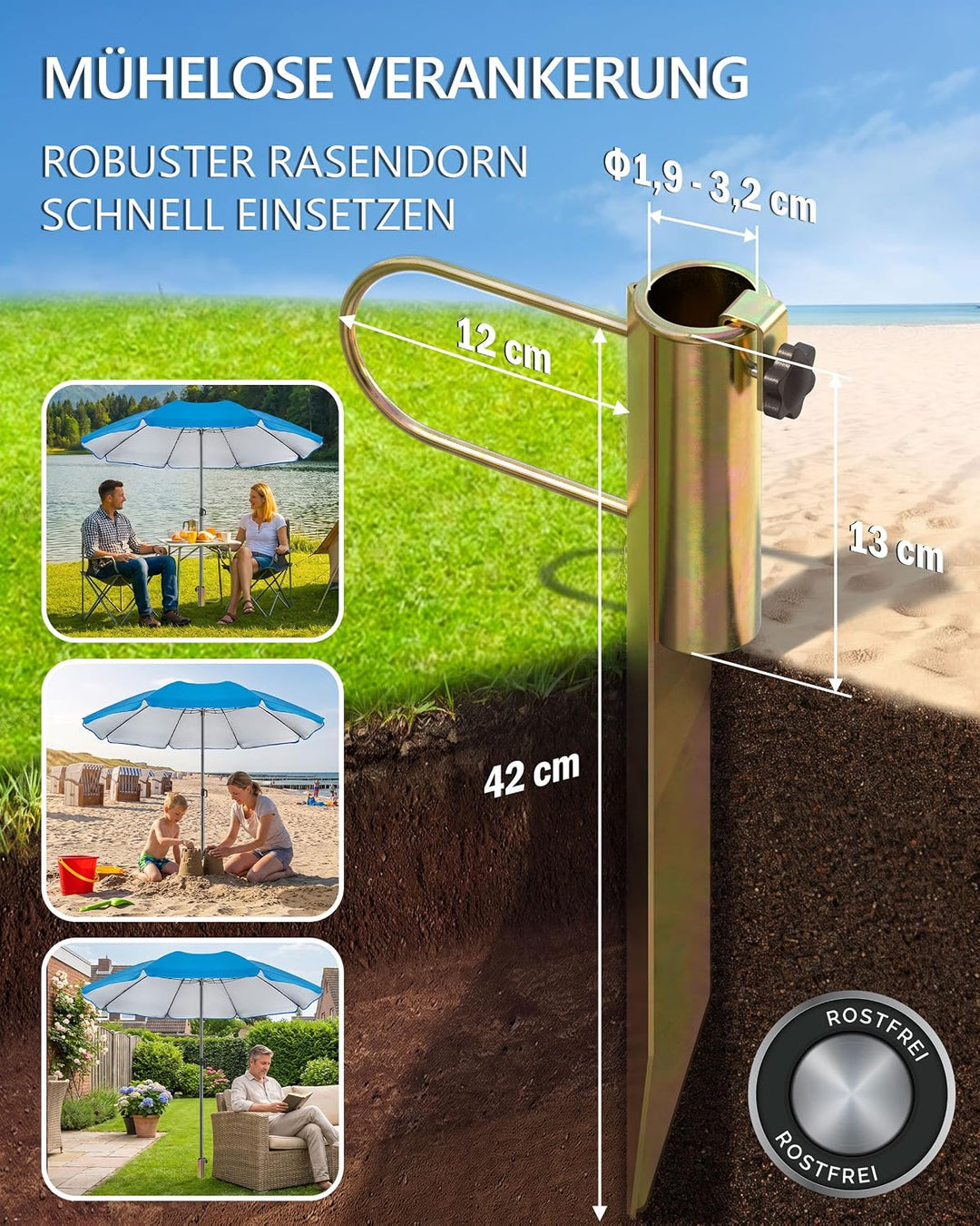 4smile Sonnenschirm Strand SunnyJoy, Blau – 3er Set inkl. Strandschirm windfest stabil, Rasendorn So