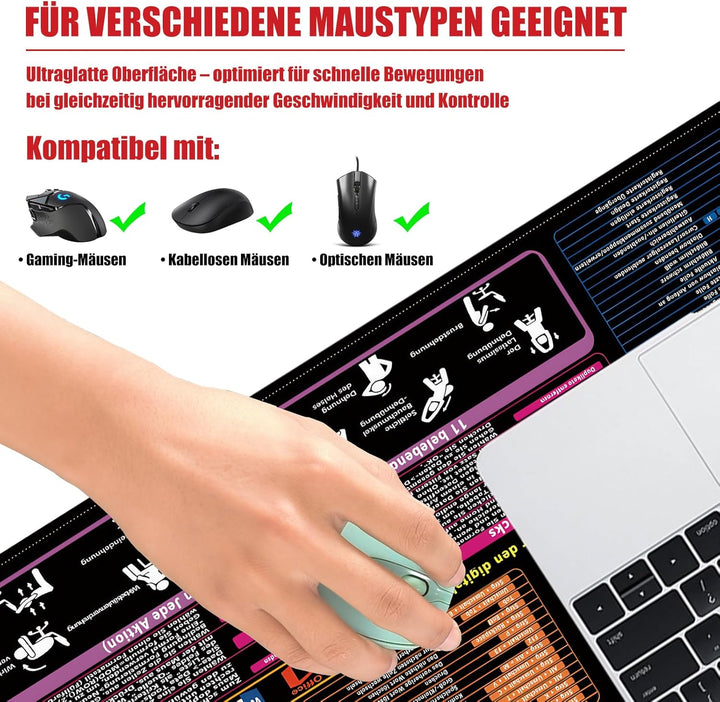XL Mauspad Deutsch 80×30×0,3 cm, Hochwertige Schreibtischunterlage für Excel, Word, PPT und Windows