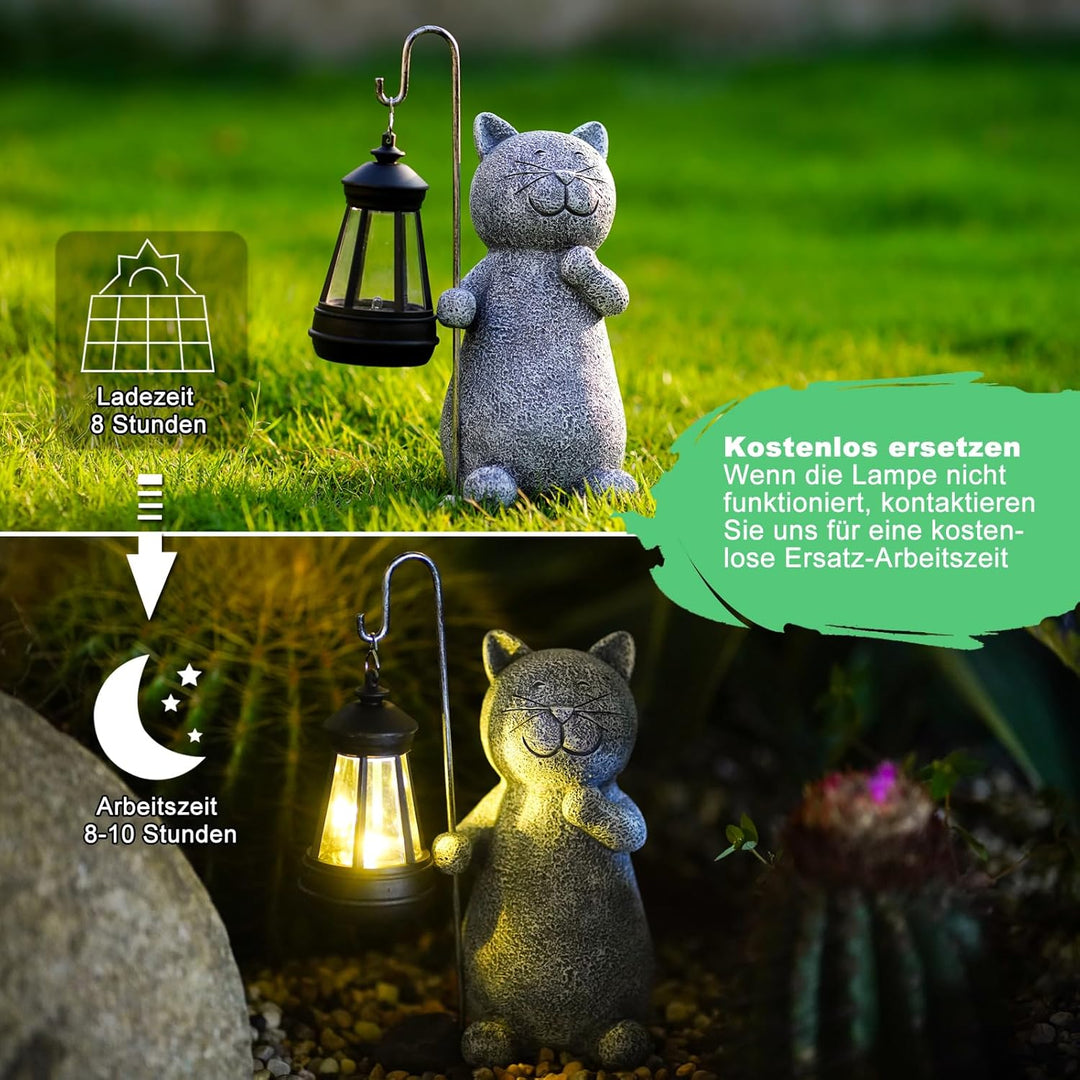 Yeomoo Katze Gartenfiguren für Aussen mit Solar Laterne – Lustig Wasserdicht Solarlampe Figur Garten