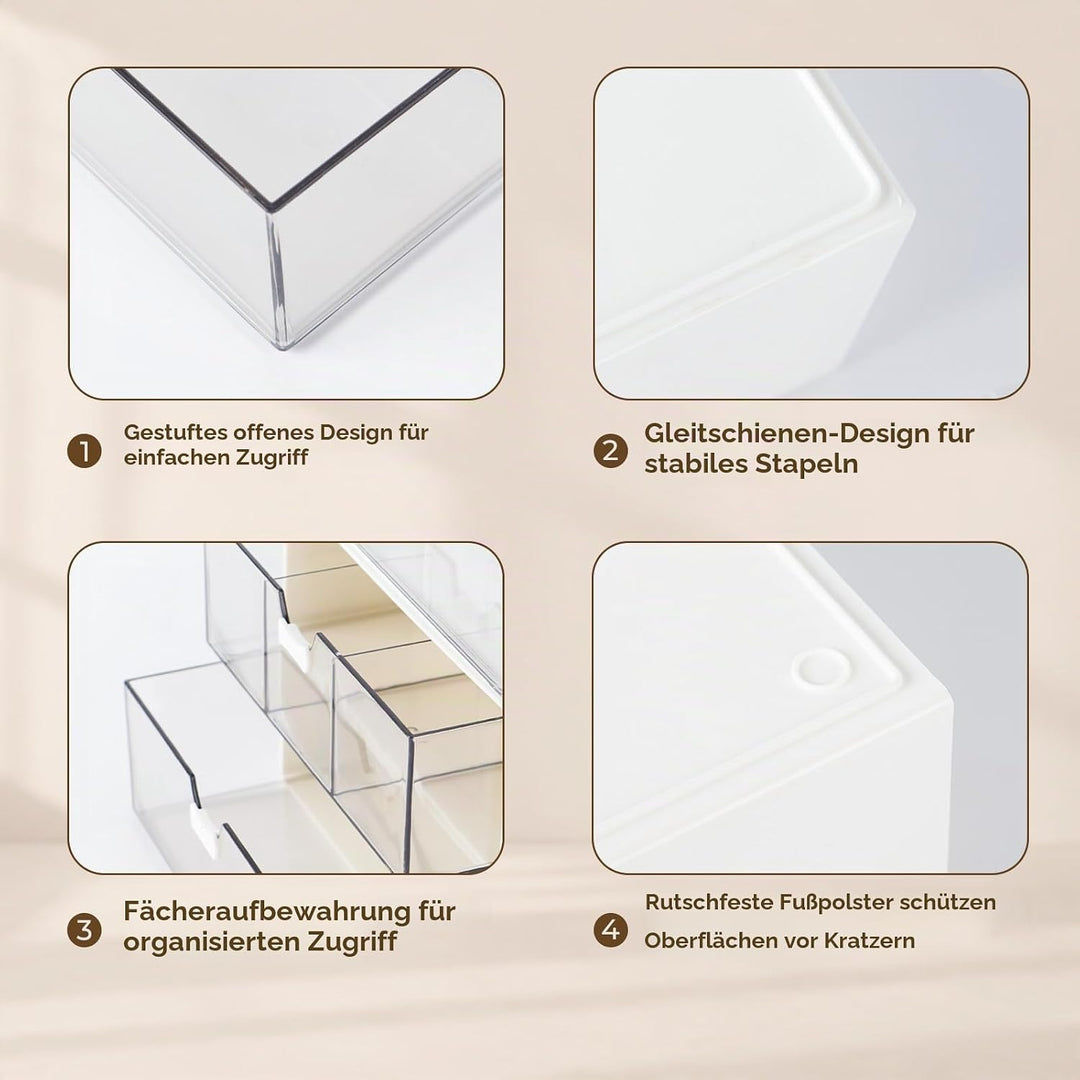 Stapelbarer Kosmetik Organizer 3er Set, Make-up Organizer mit Lippenstiftfach, Einzelfach und 3-Fäch