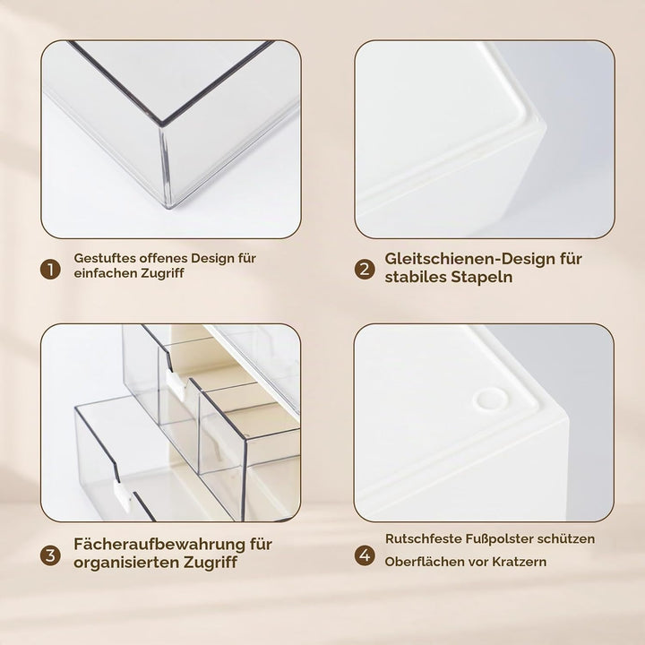 Stapelbarer Kosmetik Organizer 3er Set, Make-up Organizer mit Lippenstiftfach, Einzelfach und 3-Fäch