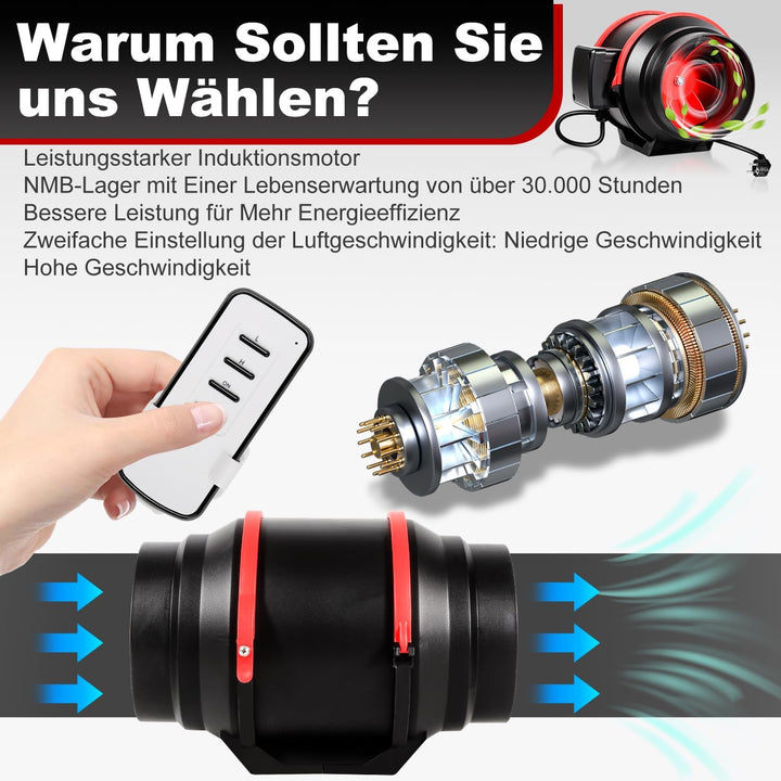 Rohrventilator 150mm mit Fernbedienung und Rückstauklappe – 540m³/h Luftzirkulation, 2-Gang Regler f