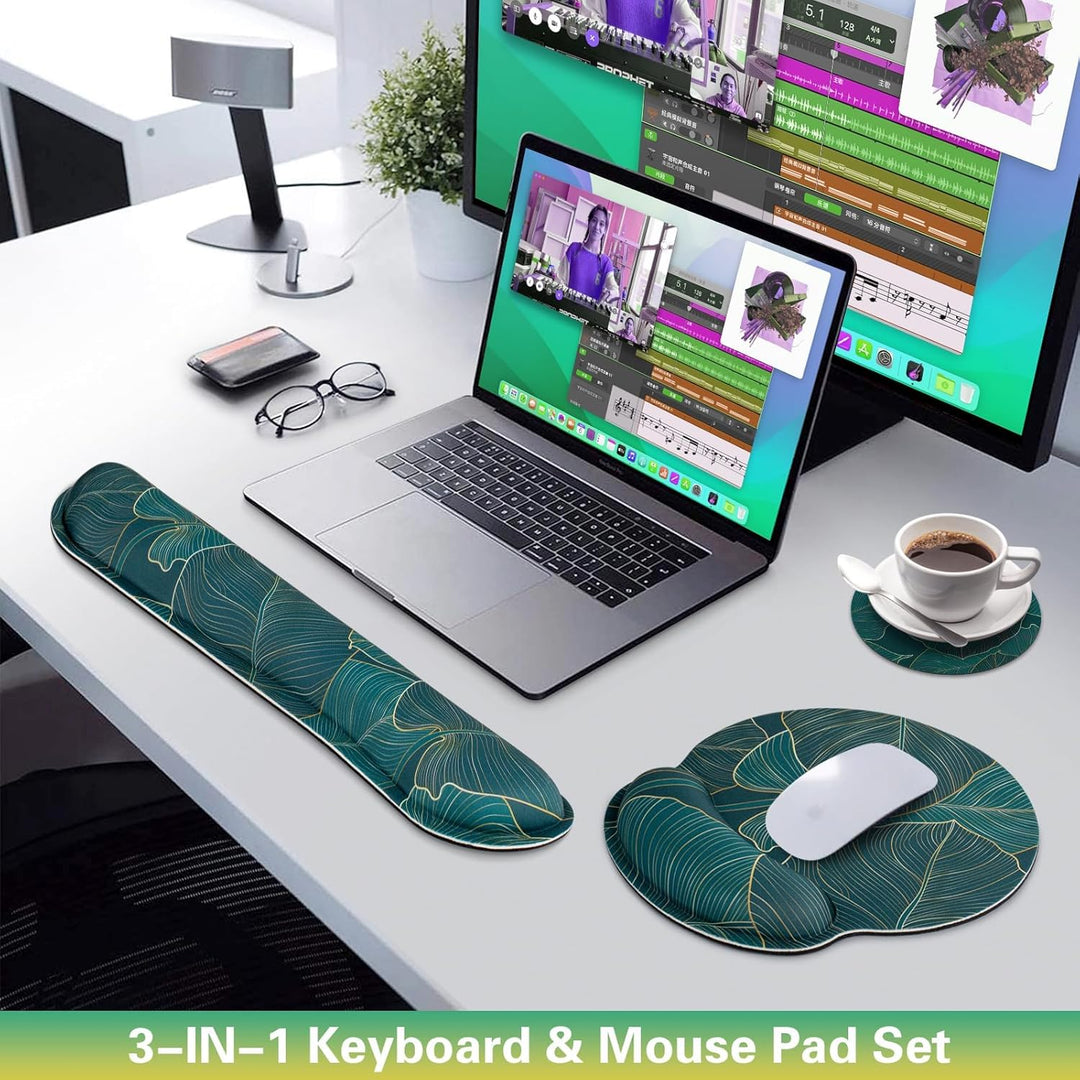 3-in-1 Mauspad Set: Tastatur + Handballenauflage + Cup Pad, Ergonomisches Mauspad mit Memory Foam, S