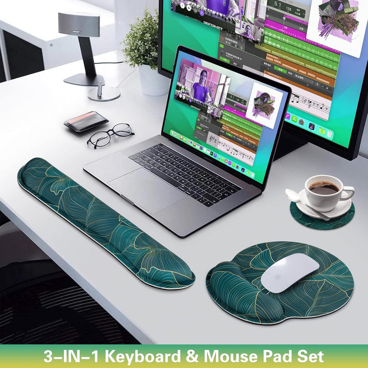 3-in-1 Mauspad Set: Tastatur + Handballenauflage + Cup Pad, Ergonomisches Mauspad mit Memory Foam, S