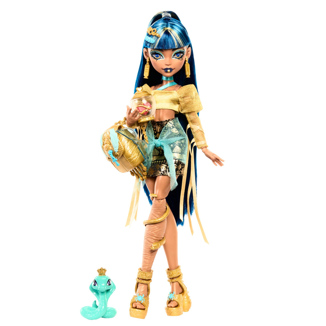 Monster High Cleo De Nile Puppe in Goldener Bluse und mehrlagigem Rock, enthält Haustier-Kobra Hisse
