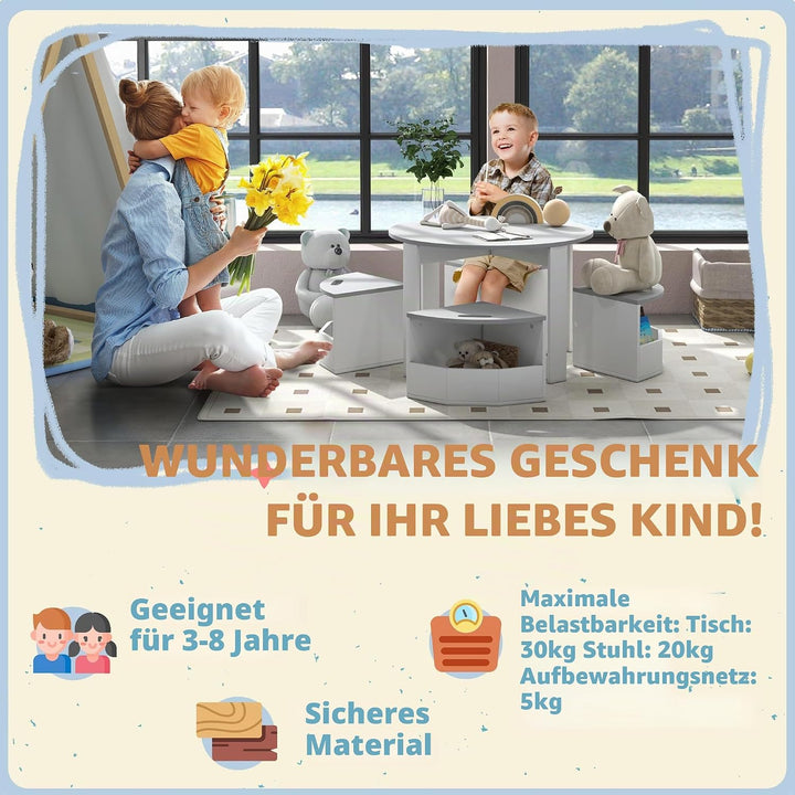 AIYAPLAY 5-TLG. Kindertisch und Hocker Set, Tisch und Stühle Set mit platzsparendem Holzaufbewahrung