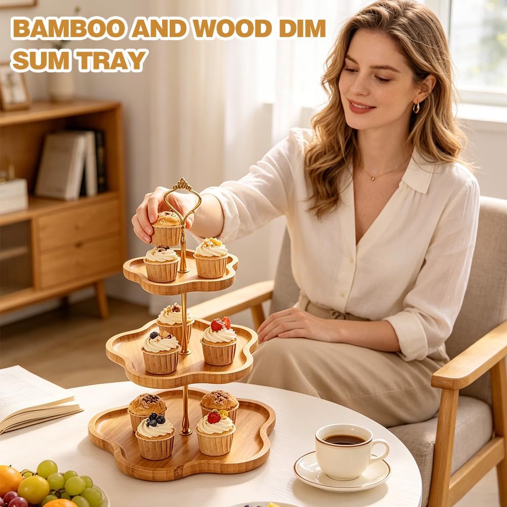 Etagere 3 Etagen, Holz-Cupcake-Ständer, Cupcake Ständer mit Metallgriff, Obst Etagere 3 Stöckig, Tor