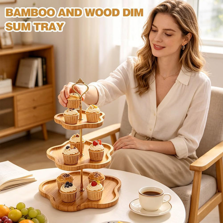 Etagere 3 Etagen, Holz-Cupcake-Ständer, Cupcake Ständer mit Metallgriff, Obst Etagere 3 Stöckig, Tor