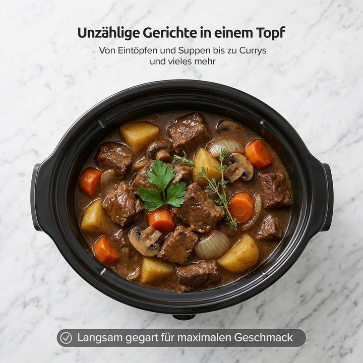 Olvy Slow Cooker 6L Schongarer Keramik-Innentopf 3 Stufen Low High Warm Faltbare Griffe Familie Meal
