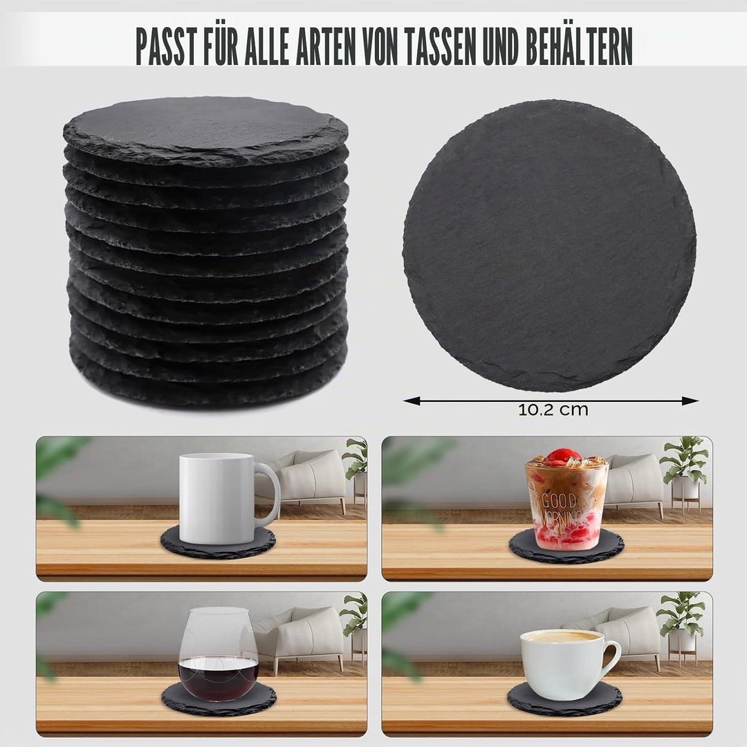 24 Stück runde Schiefer-Getränkeuntersetzer, VIBRATITE 10,2 cm, schwarzer Schieferstein-Untersetzer