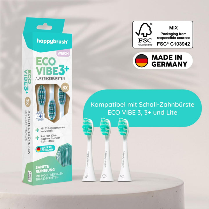 happybrush® Nachhaltige Aufsteckbürsten für elektrische Schall-Zahnbürste Eco VIBE 3 - Weiss/Mint -